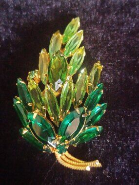 Multi Green Rhinestone Brooch with Gold Tones